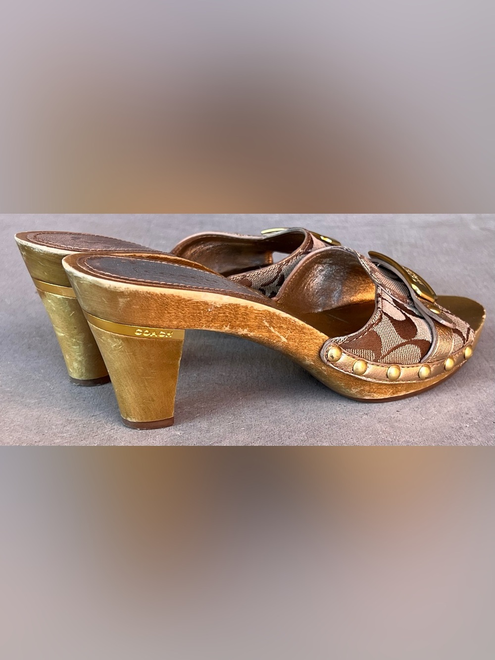 Coach Abella Y2K Signature C Wooden Slide Mule Heels Brown Logo Jacquard Size 8